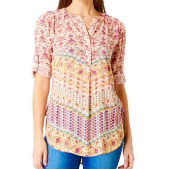 Nine West Boho Floral Lucy Hi Lo Peasant Top XL